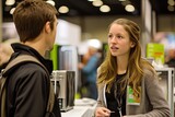 Woman Talking to Man at Booth