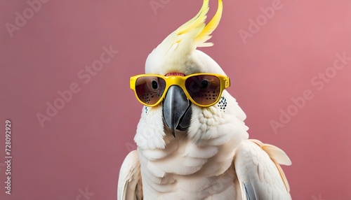 closeup of white cockatoo parrot wearing sunglasses domestic pet bird animal solid pink pastel background tropical summer vacation concept web banner funny birthday party card invitation © Marsha