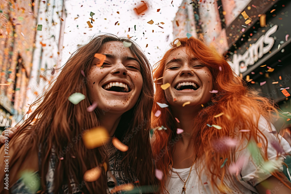 Lovely image of two beautiful young women celebrating Pride festival with multi coloured confetti raining down around them