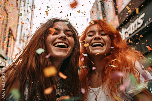 Lovely image of two beautiful young women celebrating Pride festival with multi coloured confetti raining down around them © veneratio