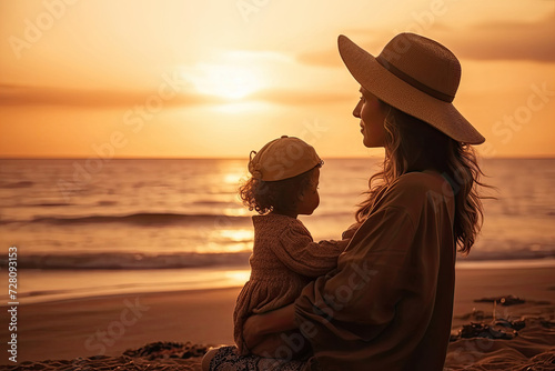 Beautiful image of mother and young daughter sat on beach landscape during beautiful sunset