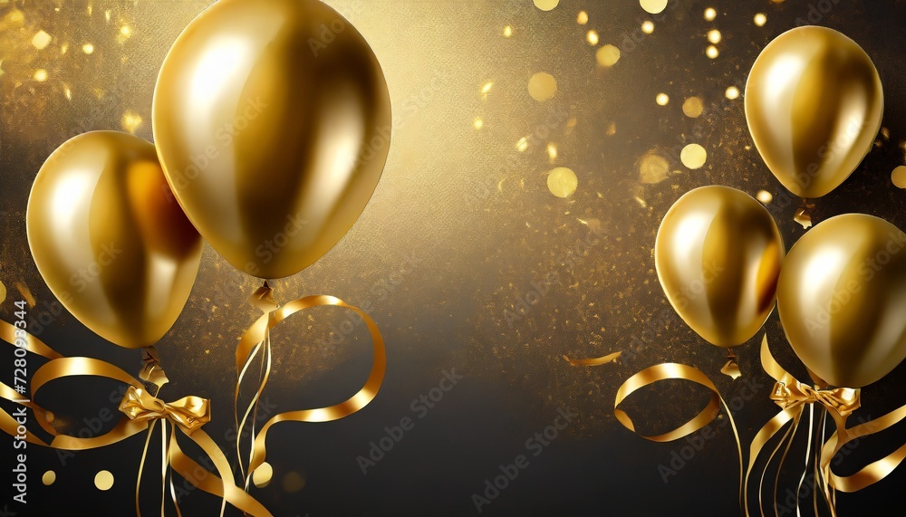 golden balloon and gold ribbons on background birthday balloon for card party design flyer poster decor banner web advertising