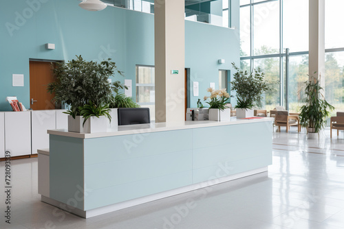 Modern reception desk in a medical center. Generated by artificial intelligence