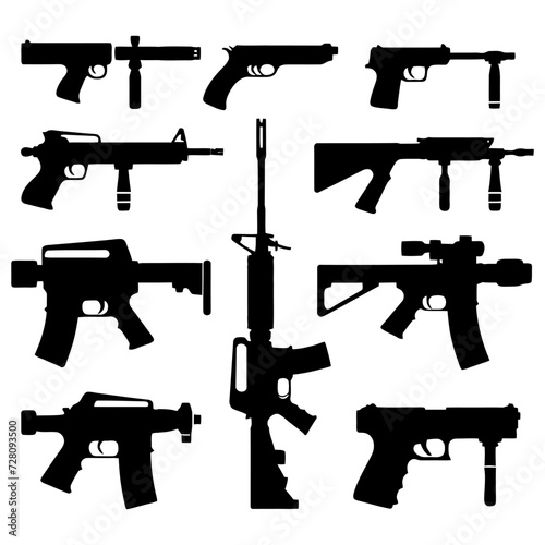 Weapons silhouette set. Collection of various realistic firearms. Isolated assult rifles, sniper rifles, shotguns, handguns, machine guns, historical guns and other. Vector illustration.