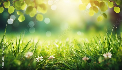 a fresh spring sunny garden background of green grass and blurred foliage bokeh