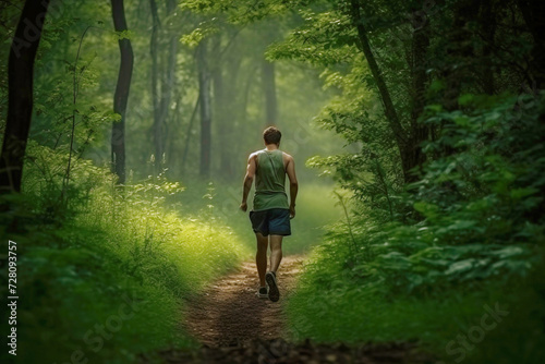 A man in sportswear on a morning jog in a park forest in the rays of the sun. © Serhii