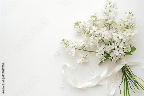 white flower bouquet on a white background with ribbo photo