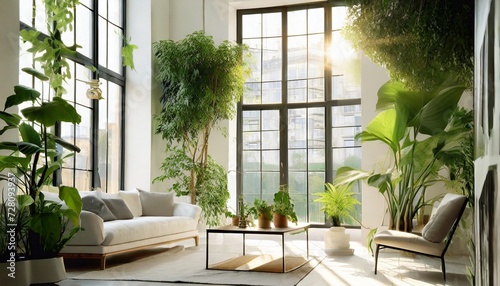 sunlight fills the spacious airy rooms biophilic design in a minimalist white interior with plants view of the city from the panoramic windows ecological green and modern interior concept