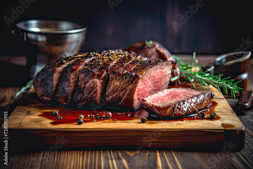 a sliced red grilled meat, on dark background