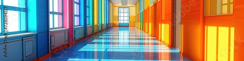 Bright colorful cartoon elementary school corridor background on sunny day with classroom doors