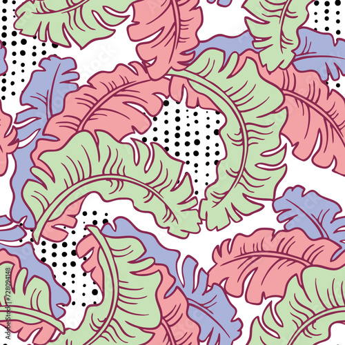 Banana plant leaves vector pattern for textile design  fabric print  wallpaper  digital paper. Palm tree leaf background  jungle vintage style  hand drawn illustration for cafe  spa hotel decoration.