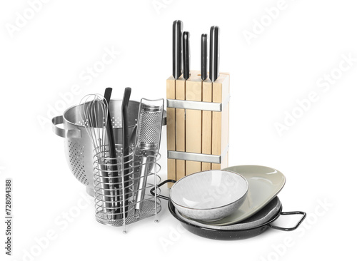 Set of different cooking utensils and dishes on white background © New Africa
