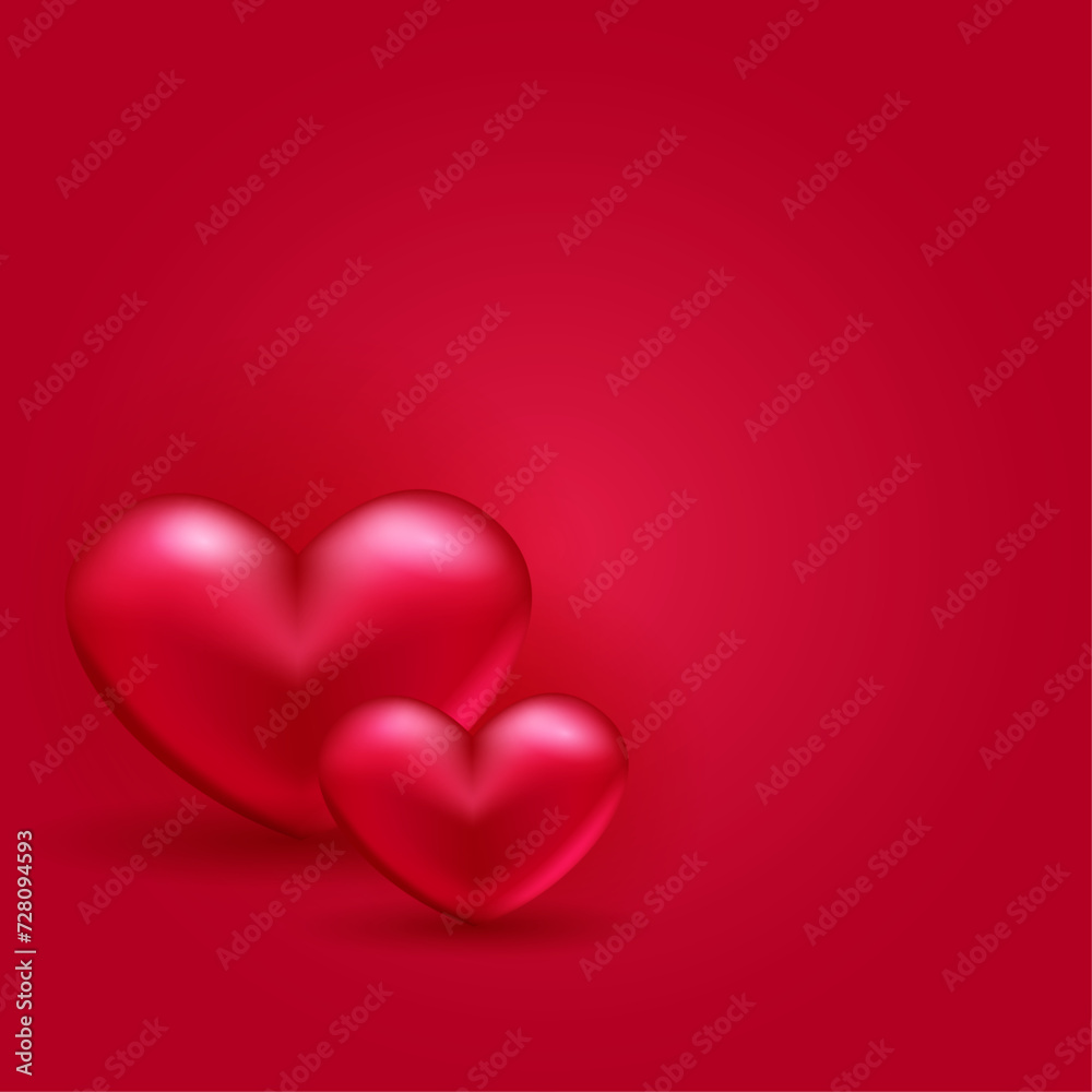 Red 3D hearts on a red background. Banner with place for text. Vector illustration