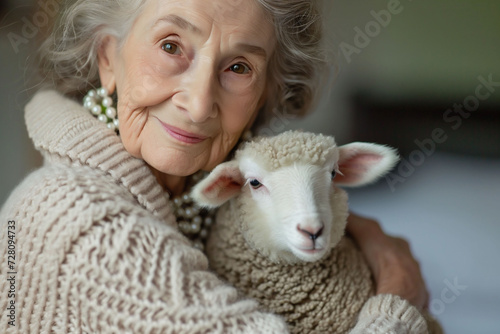 a senior woman with pearl earrings holds a lamb, gazing at the camera. The mood is gentle and affectionate, suitable for concepts of companionship or aging gracefully.