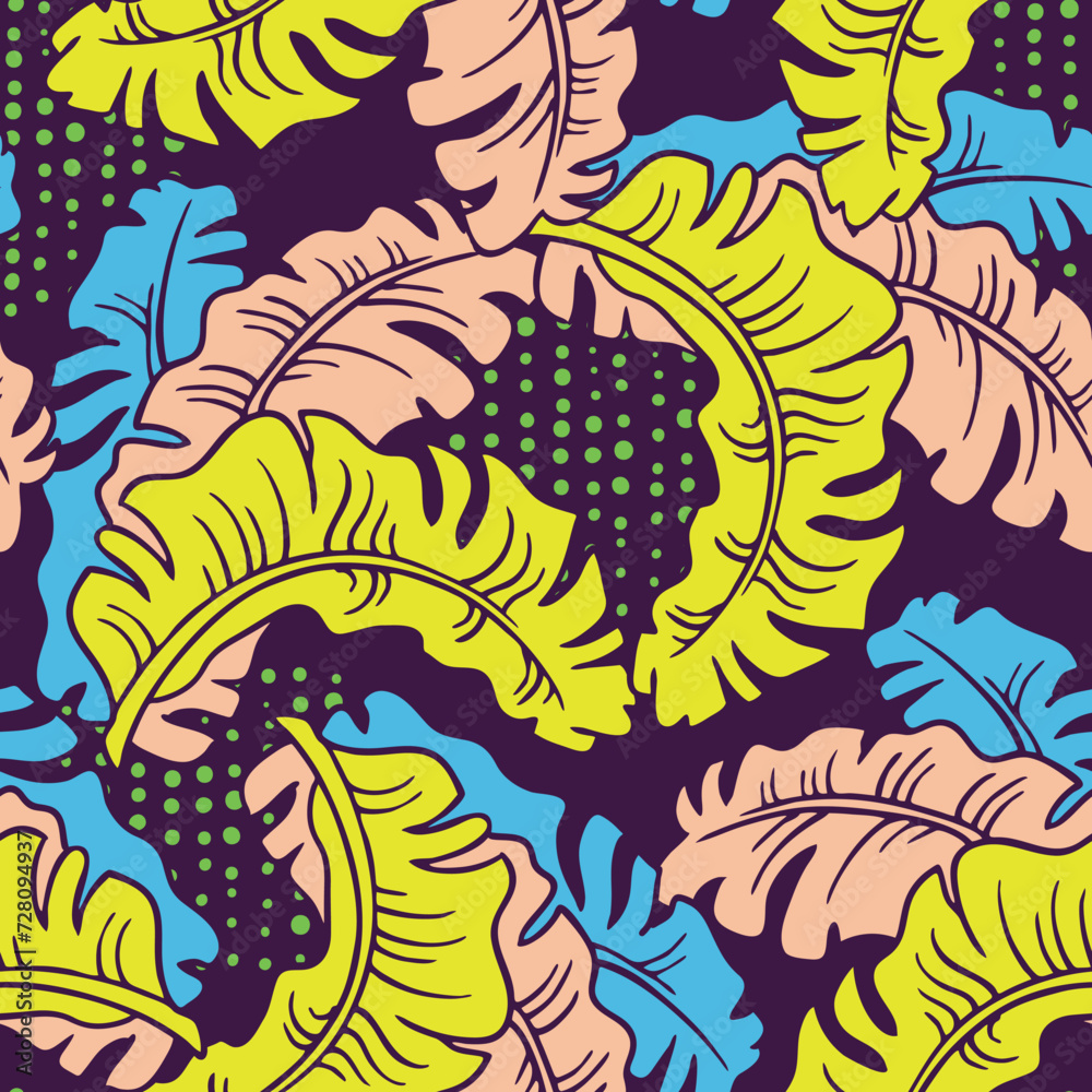 Banana plant leaves vector pattern for textile design, fabric print, wallpaper, digital paper. Palm tree leaf background, jungle vintage style, hand drawn illustration for cafe, spa hotel decoration. Banana plant leaves vector pattern for textile design, fabric print, wallpaper, digital paper. Palm tree leaf background, jungle vintage style, hand drawn illustration for cafe, spa hotel decoration.