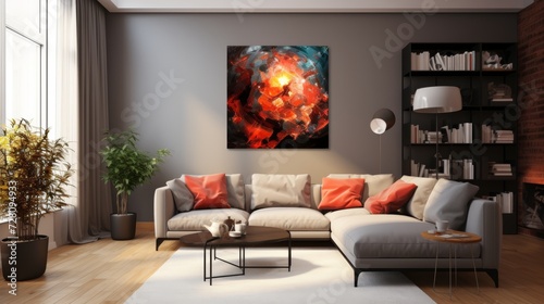 Living room interior with sofa, striking pillows and 3d abstract painting in red, black and gold, banner
