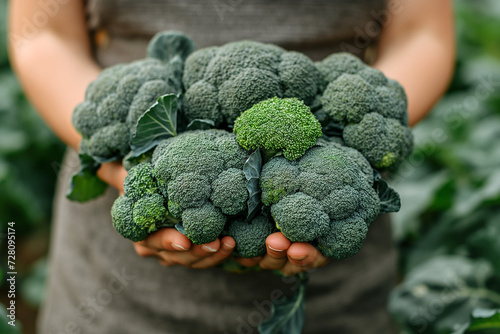 Hands of a woman holding broccoli in the vegetable garden.
