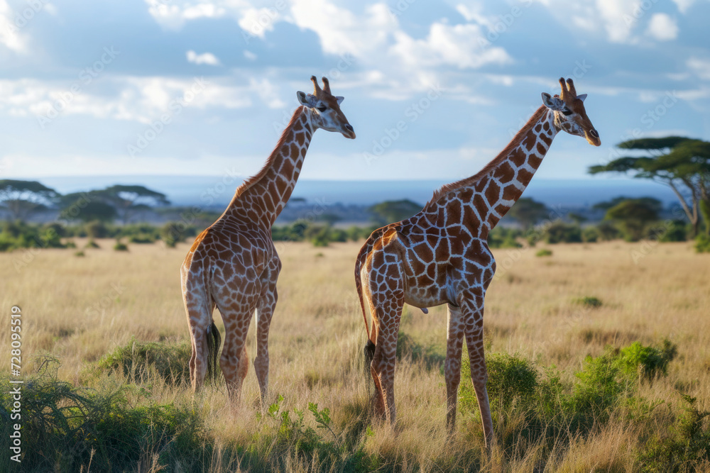 Obraz premium Elegant giraffes on the savannah, a serene and picturesque scene featuring a pair of giraffes grazing against the backdrop of the African savannah.