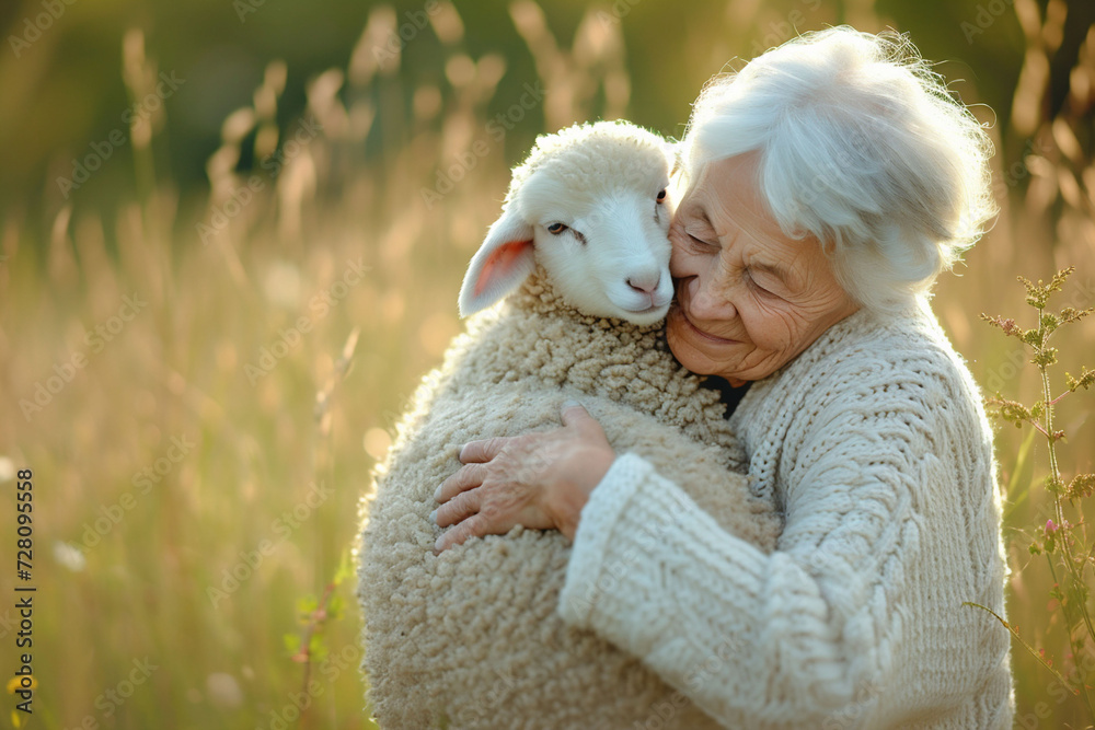 Obraz premium The tender moment between a grandmother and a lamb, set against a field at sunset, perfect for storytelling or family-oriented services, and senior love.