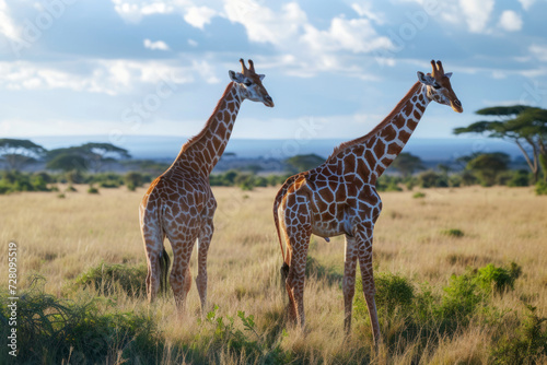 Elegant giraffes on the savannah, a serene and picturesque scene featuring a pair of giraffes grazing against the backdrop of the African savannah. © Hunman