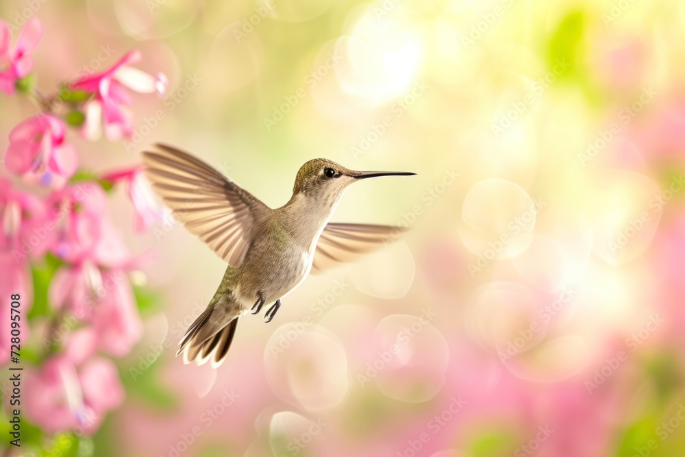 Fototapeta premium Graceful hummingbird in flight, an enchanting and delicate scene showcasing a hummingbird hovering in mid-air.