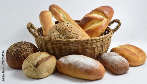various kinds of breads in basket on white background