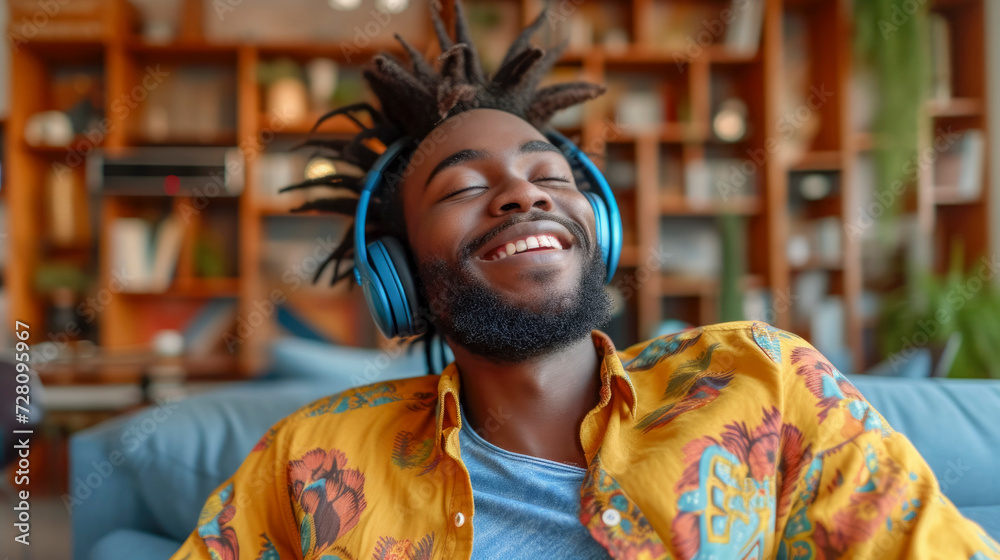 Afro man enjoying music, concept wellbeing