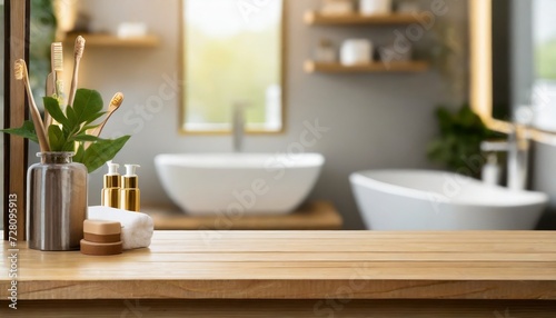wooden tabletop for product display on blur bathroom interior background © Raymond