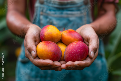 Hands of a woman holding a mango in the garden