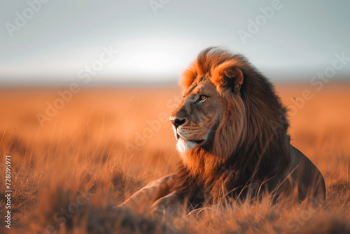 Majestic lion in the wild, a powerful and regal scene featuring a lion in its natural habitat. © Hunman