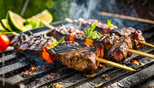 charred beef skewers with grill marks on bbq
