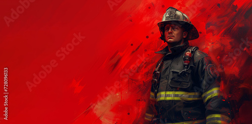 Brave Firefighter in Full Gear Against a Red Artistic Backdrop