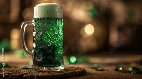 Green Beer Perfectly Poured in Glass Stain with Irish Shamrock Design on the Glass - St. Patrick's Day Drink Concept with Foam and Beverage Beading on Glass - Holiday Cocktail on Moody Background photo