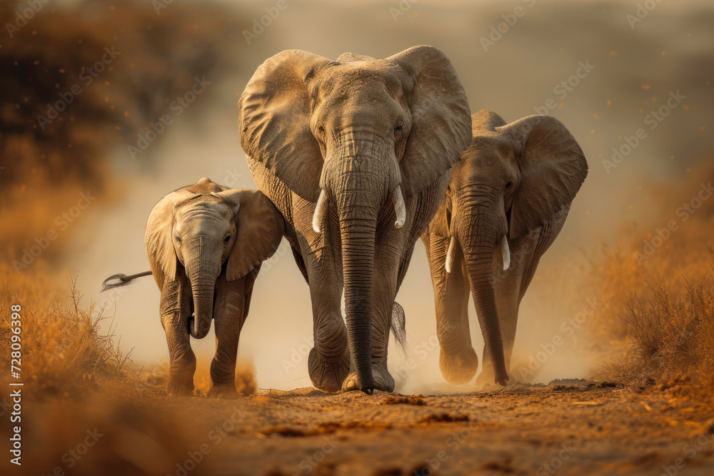 Obraz premium Mighty elephant family on the move, a majestic and awe-inspiring scene capturing a family of elephants walking together in the wilderness.