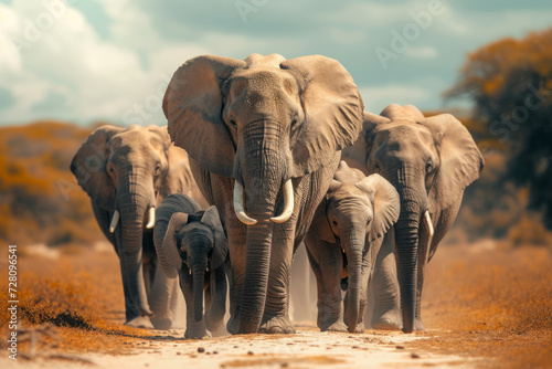 Mighty elephant family on the move, a majestic and awe-inspiring scene capturing a family of elephants walking together in the wilderness. © Hunman