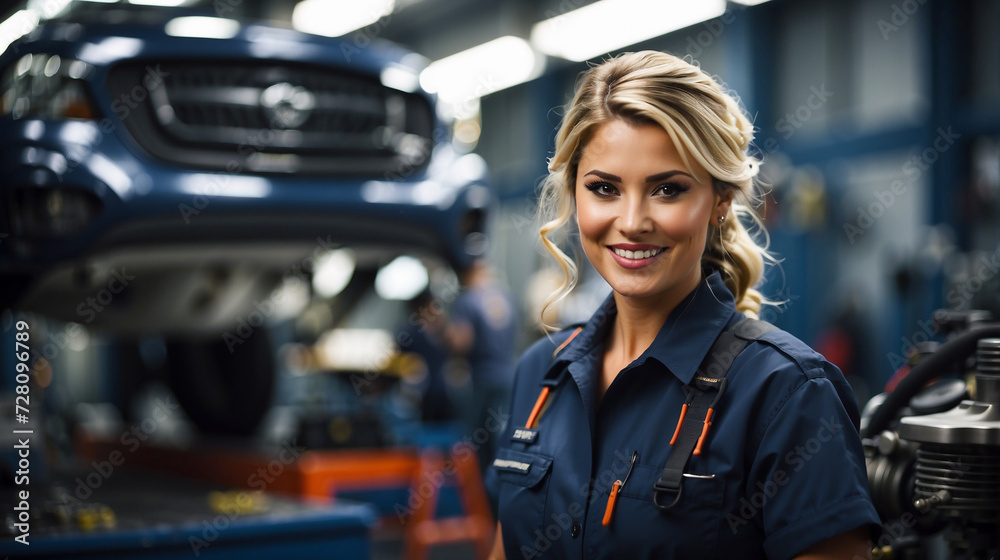 smiling young mechanic women at her work space smiling young mechanic women at her work space
