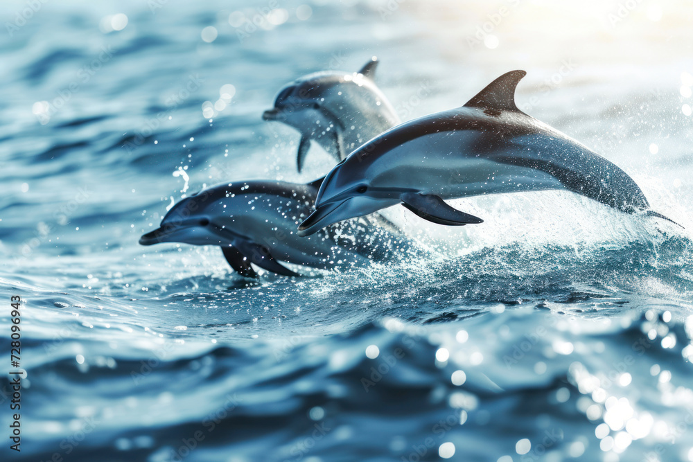 Obraz premium Playful dolphins in the ocean, a joyful and dynamic scene capturing a pod of dolphins leaping and playing in the open sea.