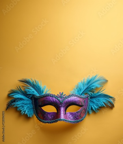 Colorful Mardi Gras mask with feather decoration. Perfect for carnival, party, holiday and themed concepts. copy space 
