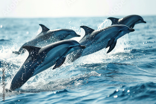 Playful dolphins in the ocean, a joyful and dynamic scene capturing a pod of dolphins leaping and playing in the open sea.