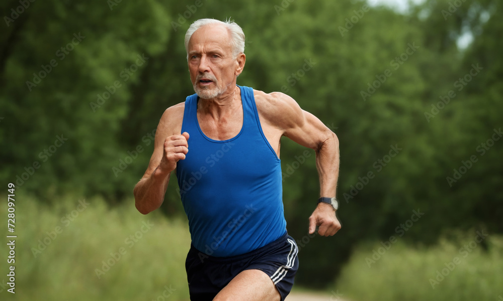 Energetic senior man enjoying jogging in nature Energetic senior man enjoying jogging in nature