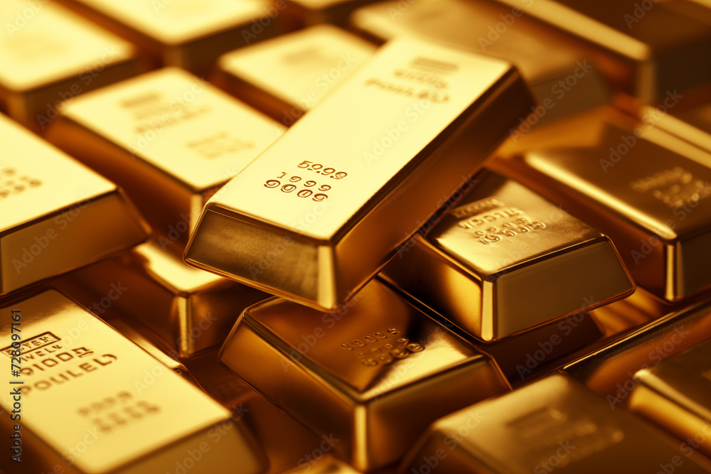 A lot of gold bars close up