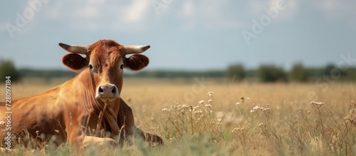 French Cow Blissfully Relaxes under the Summer Sun photo