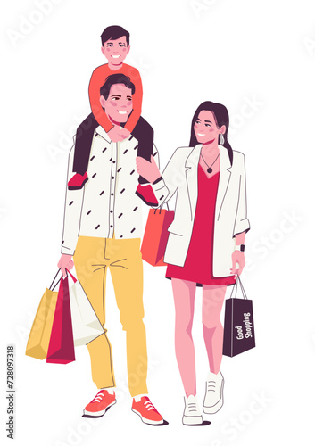 Family shopping, happy young family with packages. A smiling father, a child sitting on his neck, a woman. Vector illustration isolated on white background.