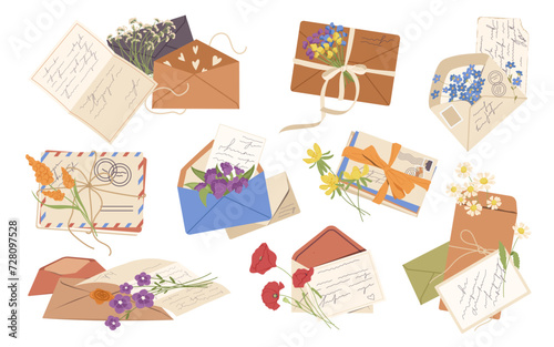 Craft paper letters and envelops with flowers and postcards isolated set on white background