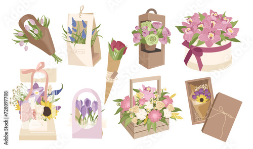 Romantic gift packaging and craft packs with blooming flowers bouquets and plants isolated set
