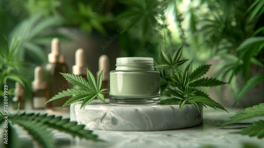 Elegant arrangement of organic skincare cream jar and vibrant cannabis leaves on marble