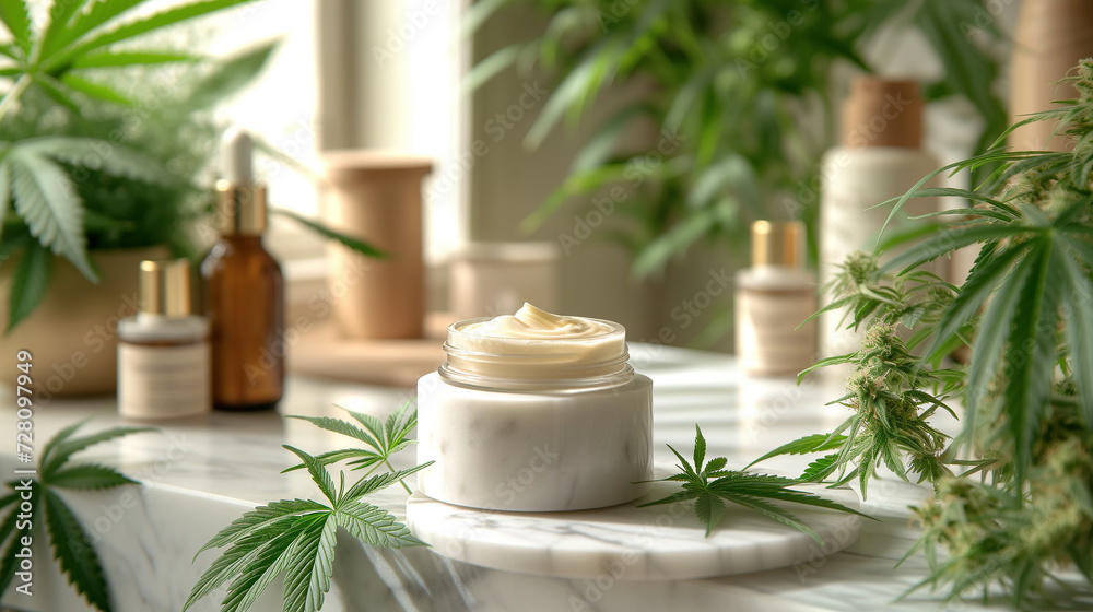 Eco-organic cosmetics with jar of cream and cannabis leaves on a sleek marble surface