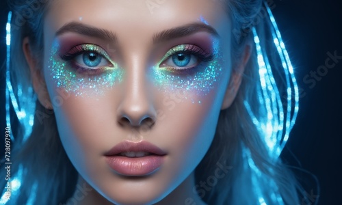Closeup of woman s face with holographic makeup
