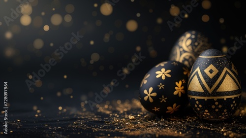 Black easter eggs with golgen floral decor on black background with golden bokeh. photo