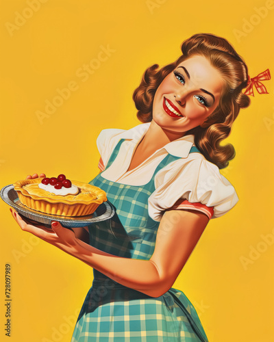 Minimalistic retro 1950's postcard of smiling woman housewife in blue dress with pie in her hands